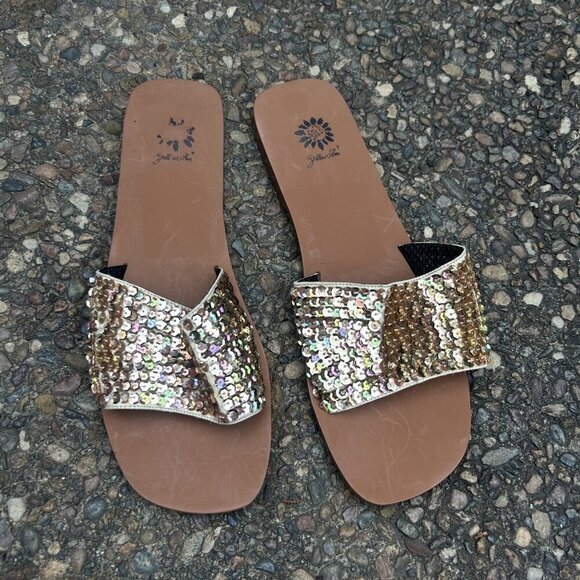 Yellow Box Gold Sequin Bling Yang Slip on Mule Sandals Size 10 NWOB - Picture 3 of 8